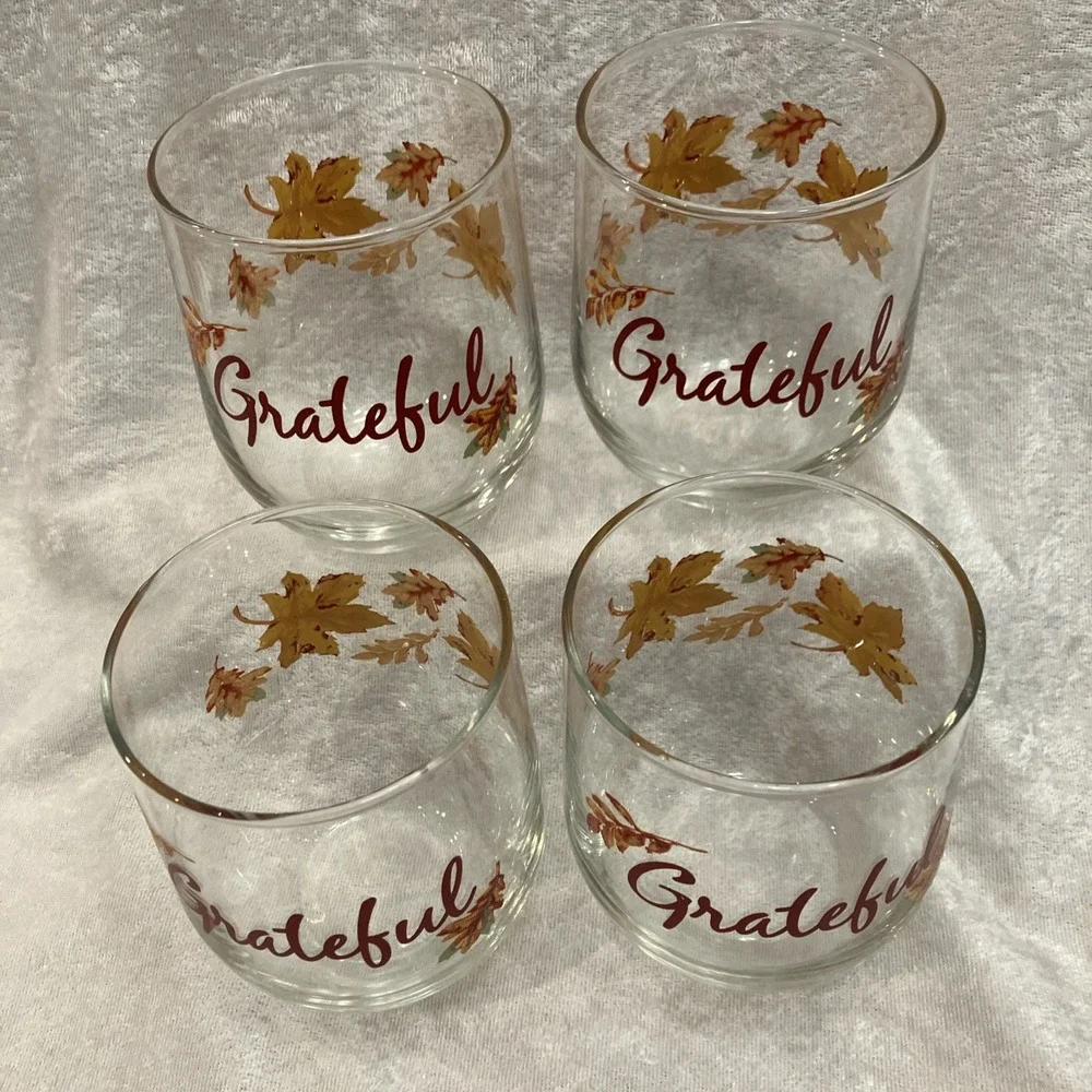 Thanksgiving Fall Leaves Stemless Wine Water Glasses GRATEFUL Table Barware (4)